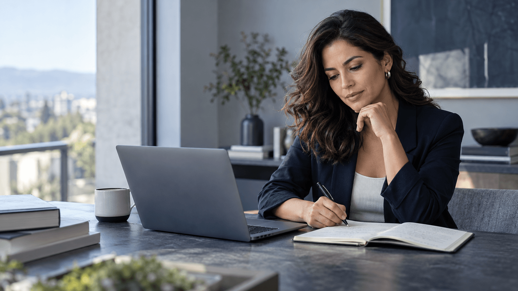 Profesional revisando notas antes de tomar una decisión